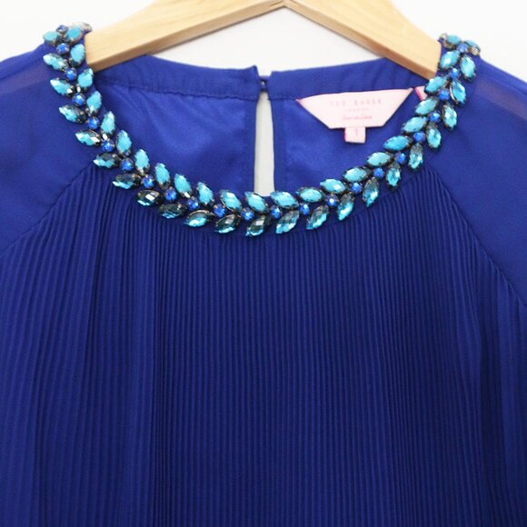 Ted Baker Lovina Jewel Embellished Accordion Pleated Blouse Cobalt Royal Blue 4 - Picture 13 of 16